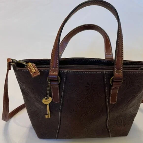 FOSSIL | Brown Floral Tooled Embossed Leather Crossbody or Handbag-EUC - Picture 2 of 16